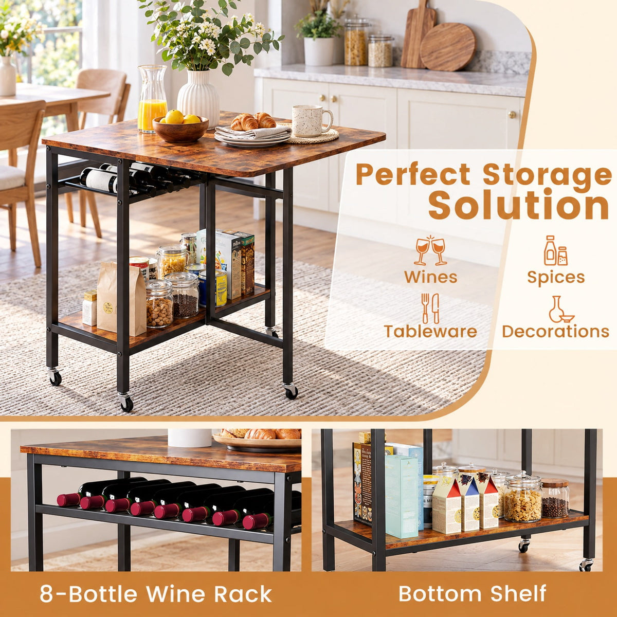 Airfind Folding Dining Table with Expandable Laptop with Wine Rack and Wheels, 66 lbs Capacity, Engineered Wood Metal Frame, Brown