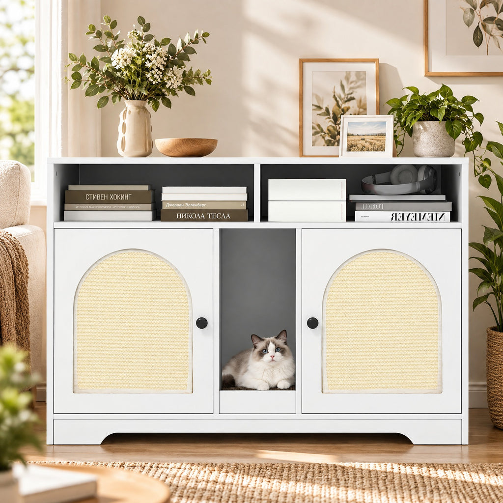 Airfind 43 Inches Cat Litter Box Enclosure with Storage and Double Rooms, Engineered Board Frame, 43in x 20in x 29in Footprint, White
