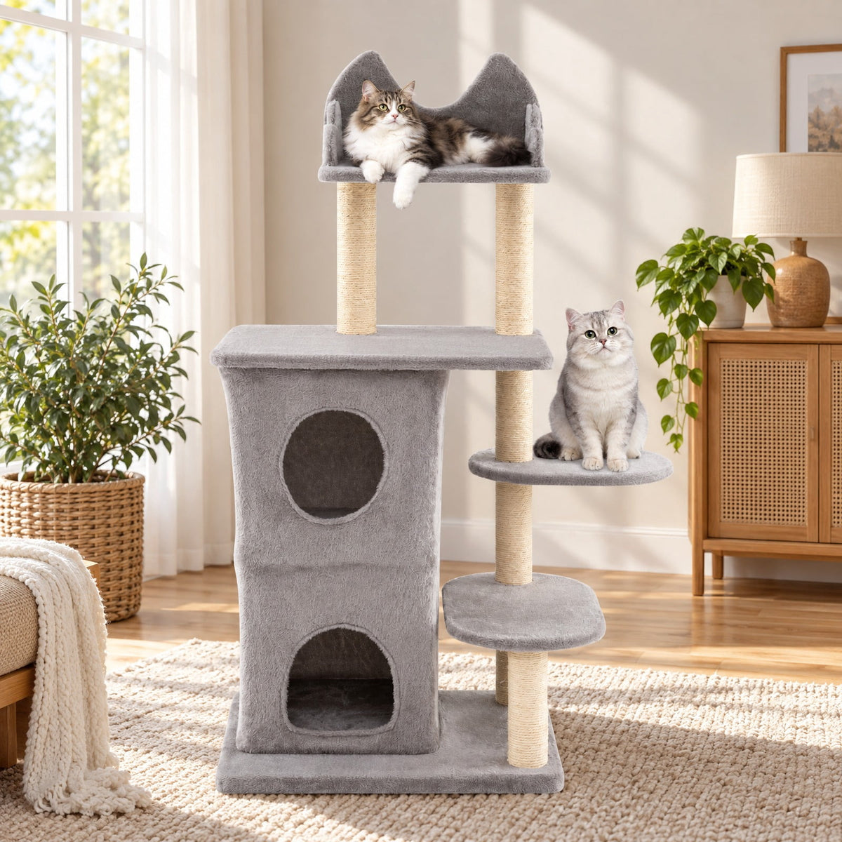 Airfind 48.5 inch Cat Tree with 2-story Condo and 3 Hideaway Caves for Large Cats, Engineered Wood Sisal MDF Plush Fabric Frame, Gray