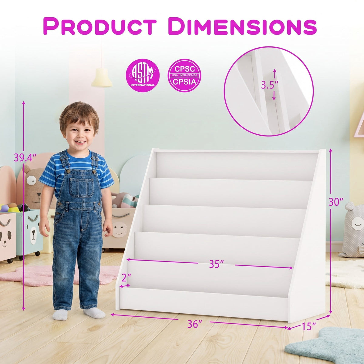 Airfind 5-Tier Kids Bookshelf with Deep Compartments and Stable Baby Book Case, Engineered Wood Frame, for 3+, 36 x 15 x 30 Footprint, White