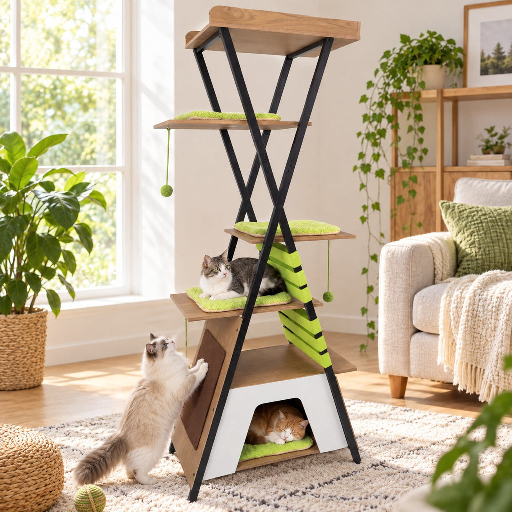 Airfind 73 Inch Multi-level Cat Tree for Indoor Cats with Elevated Perch and Large Condo, 44 lbs Capacity, Engineered Wood Frame, Green