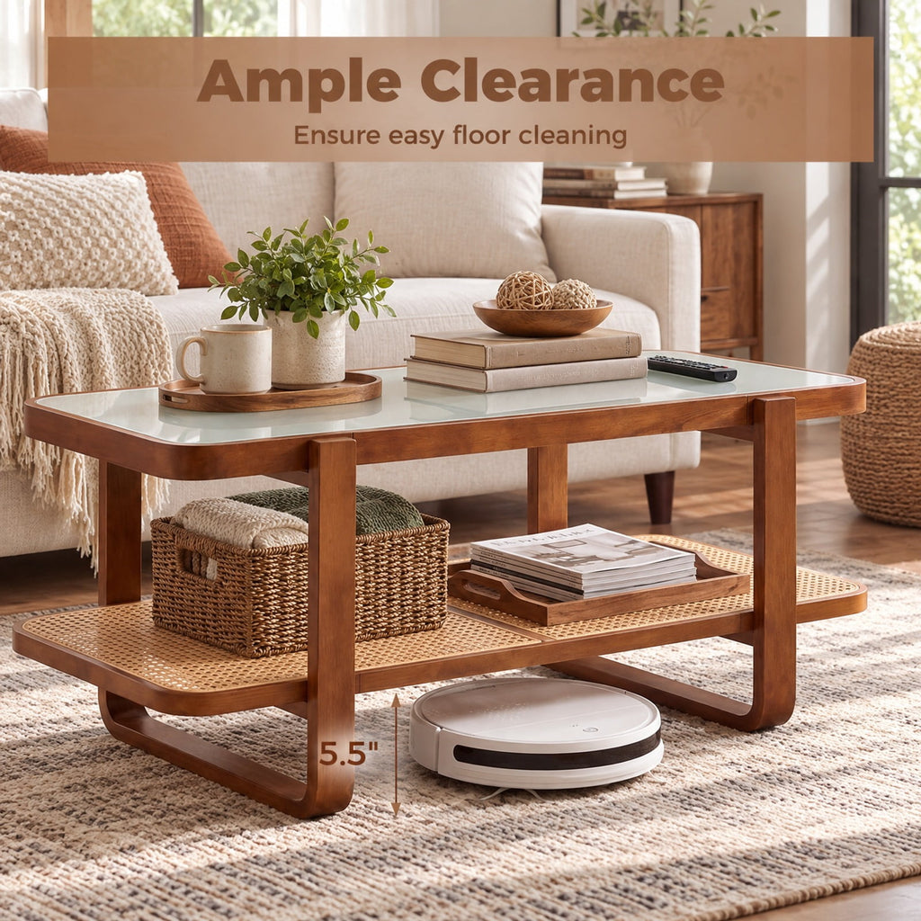 Airfind Coffee Table, Rattan Table with Tempered Glass Top and Storage Shelf, 220 lbs Capacity, Tempered Glass PE Rattan Plywood Frame, Walnut
