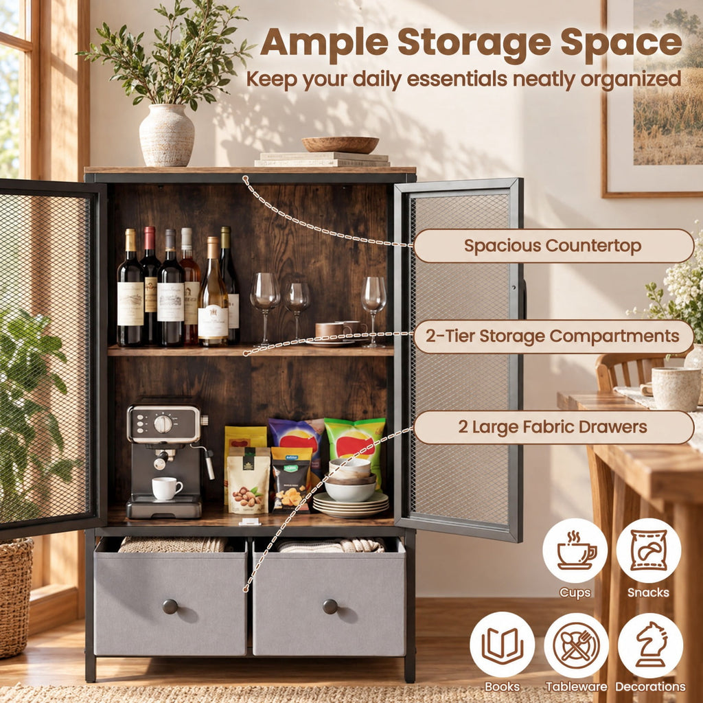 Airfind Industrial Coffee Bar Cabinet, Industrial Bar Cabinet with 2-Tier Storage Compartment, 88 lbs Capacity, Engineered Wood Metal PVC, Coffee