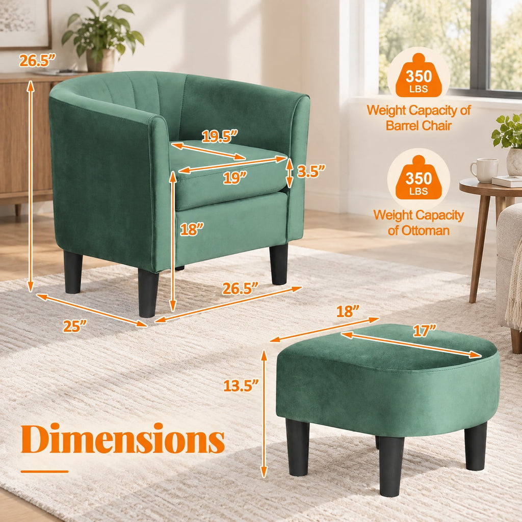 Airfind Upholstered Teddy Velvet Club Barrel Chair with Ottoman with Footrest, Velvet/ Teddy Velvet Sponge Plywood Plastic Frame, Green
