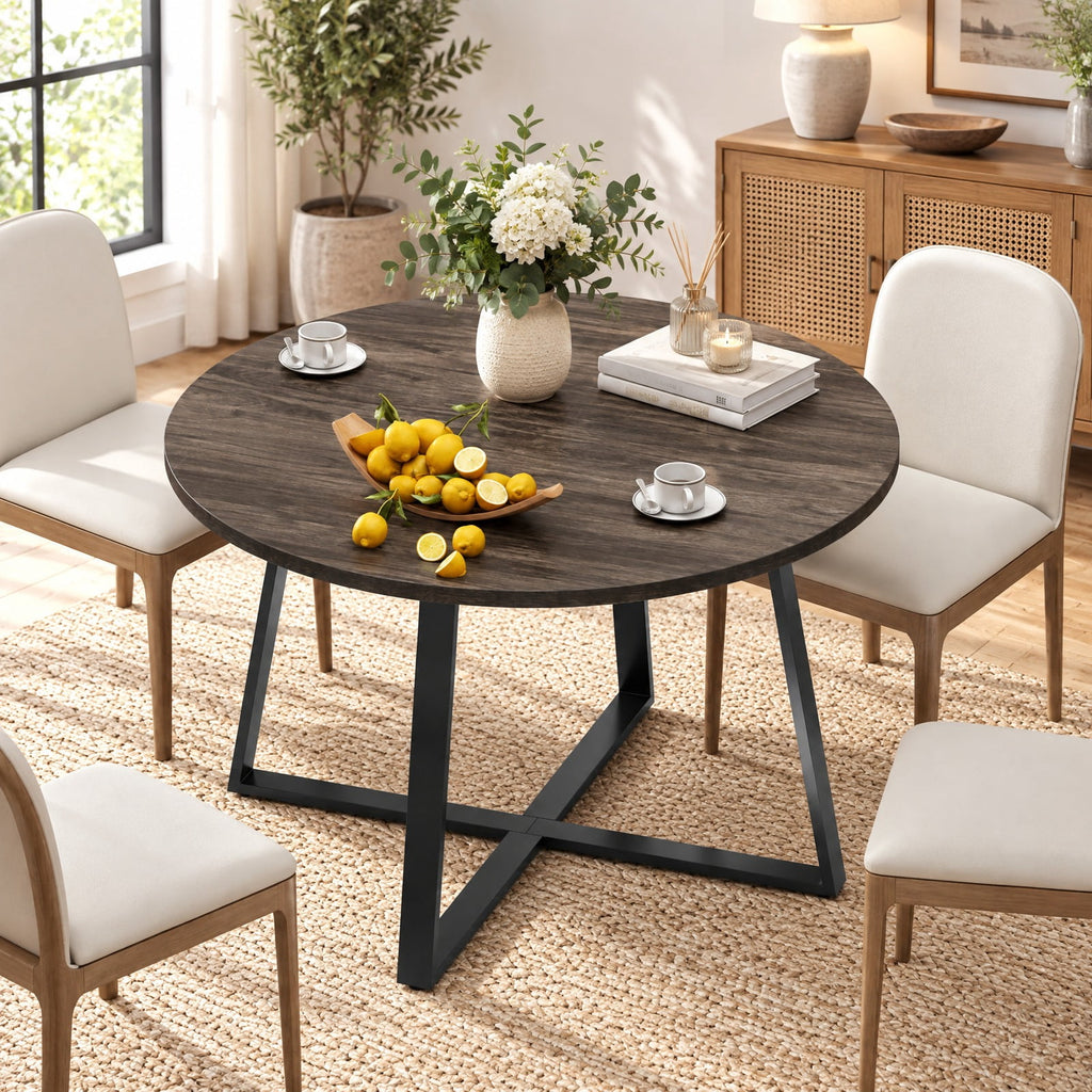 Airfind 47 Inch Round Dining Table with Stable X-shaped Base and Round Thickened Tabletop, 220 Lbs Capacity, Engineered Wood Metal, Gray Oak, Gray
