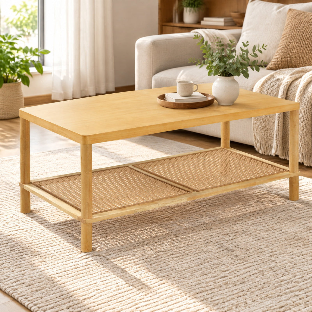 Airfind 2-Tier Boho Coffee Table for Living Room Rectangular Center Table with Rubber Wood Frame and PVC Rattan Storage Shelf, 185 lbs Capacity