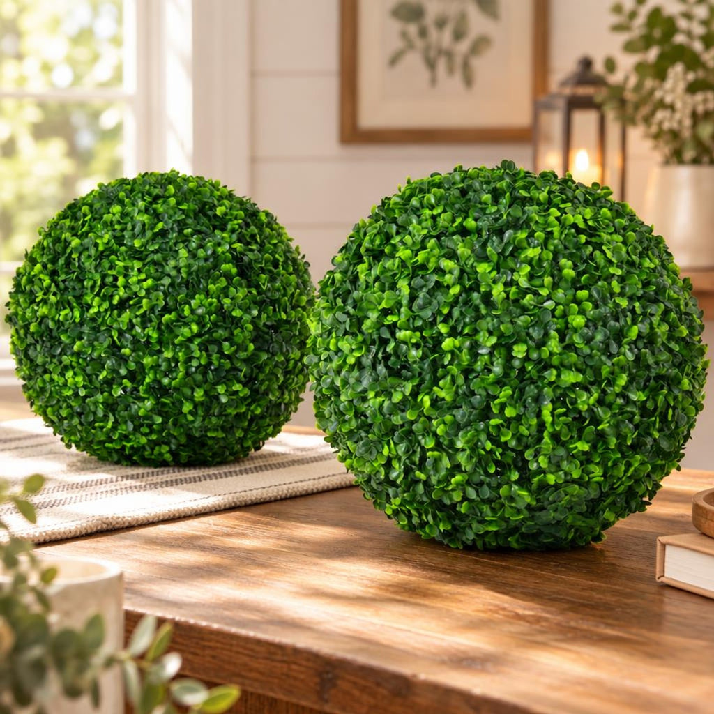 Airfind 2 Pieces 15.7 Inch Artificial Boxwood Topiary Ball Tree Set, PE Frame, 19 Inch x 19 Inch x 19 Inch Footprint, Green