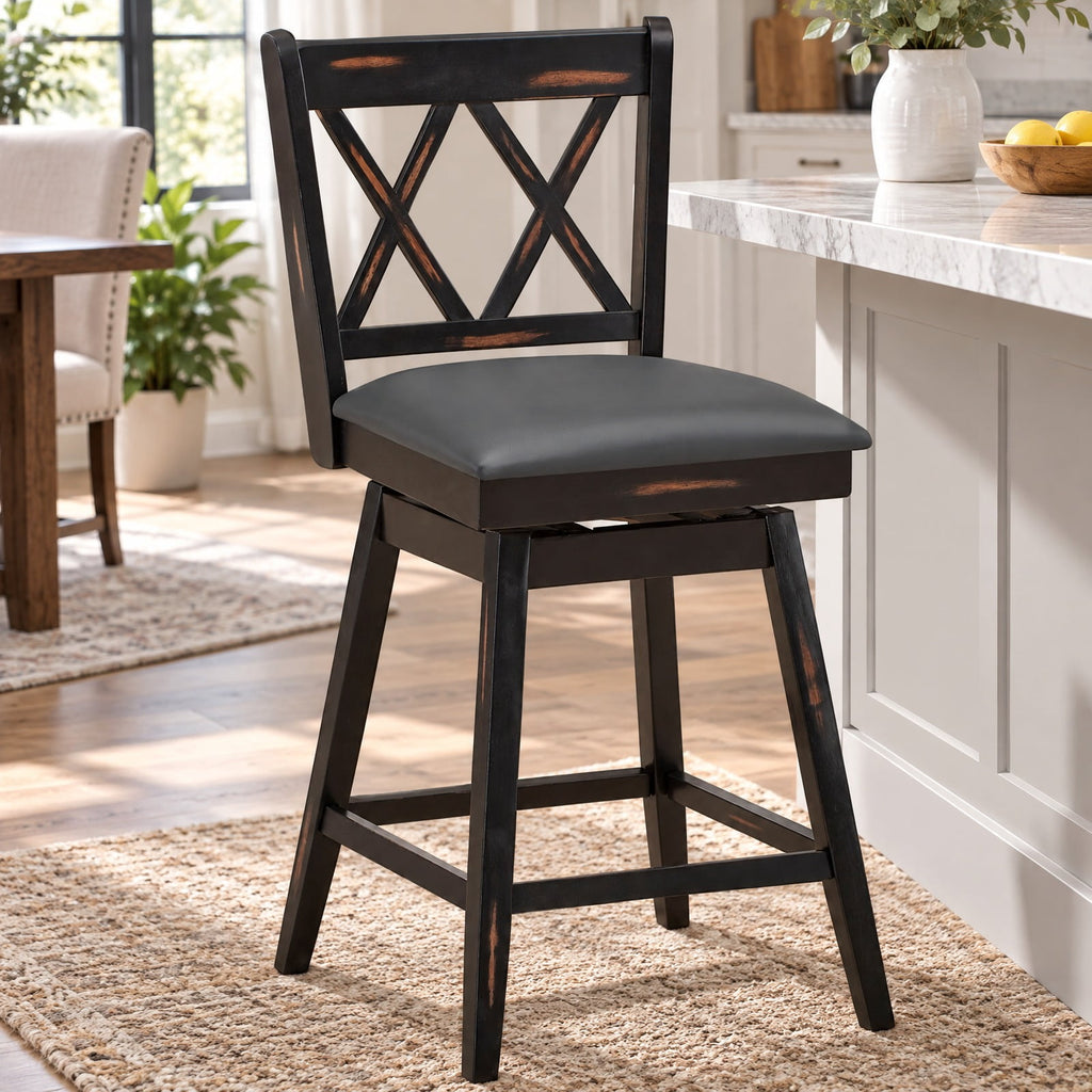 Airfind 2 Pieces 24 Inch Swivel Counter Height Barstool Set with Rubber Wood Legs, 264 lbs Capacity, PVC High density sponge rubber wood Frame