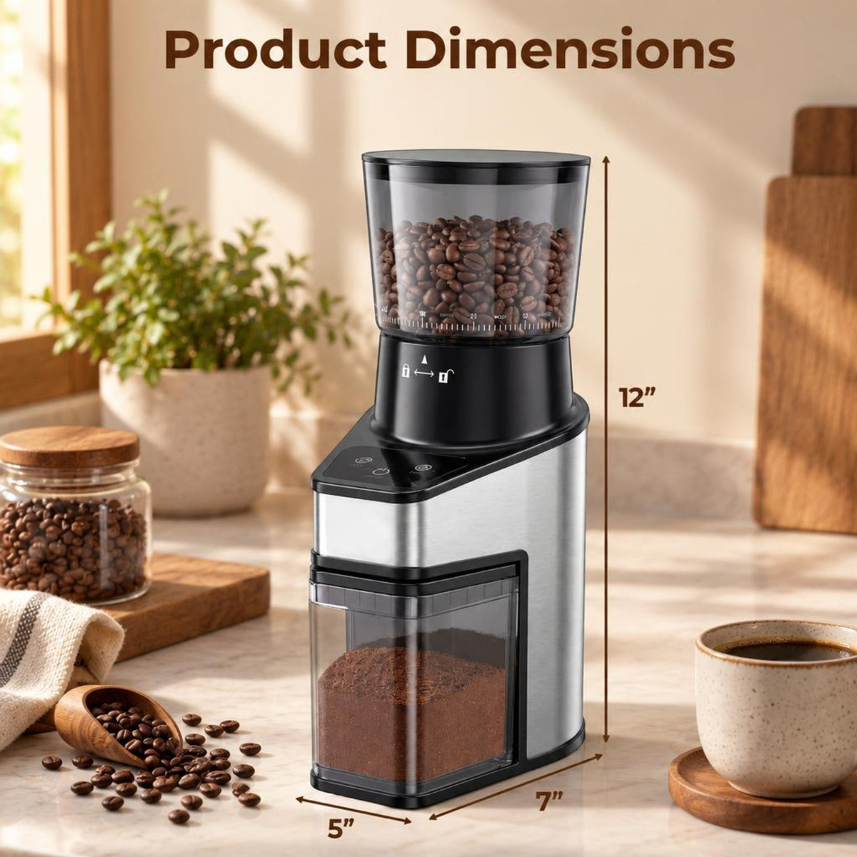 Airfind Conical Burr Coffee Grinder with 60 Precise Grinding Settings and Digital Display, Stainless Steel Aluminum Copper AS ABS Frame, Silver