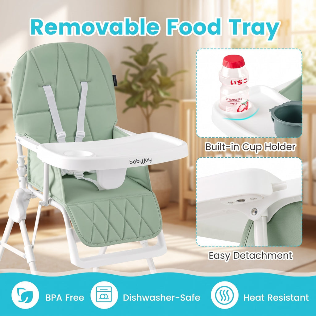 Airfind Easy Clean Compact Highchair with Removable Adjustable Tray and PU Seat Cushion, 33 lbs Capacity, PP Frame, for 6 months-3 years old, Green