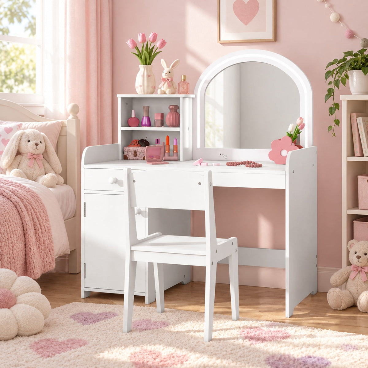 Airfind Kids Vanity Table and Chair Set with Shelves Drawer and Cabinet, P2 MDF Acrylic Frame, for Over 3 Years Old, 31.5 Inch x 16 Inch x 37 Inch Footprint