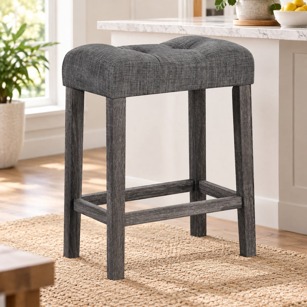 Airfind 24 Inch Set of 2 Saddle Bar Stools with Padded Seat, 350 lbs Capacity, Linen Fabric Sponge Rubber Wood MDF Frame, Gray