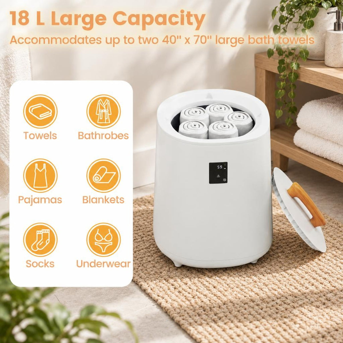 Airfind 18L Large Towel Warmer with LED Display and Auto Shut off, Plastic Frame, 14in x 14in x 20in Footprint, White