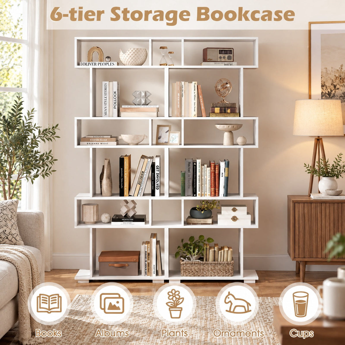 Airfind 6-Tier Geometric Bookshelf with 2 Anti-Tipping Kits for Home Office, 11 lbs Capacity, Engineered Wood Frame, 24 x 8 x 64 Footprint, White
