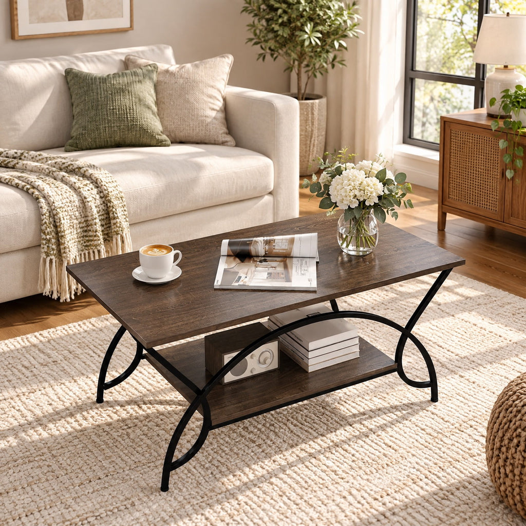 Airfind 2-Tier wood grain Coffee Table with wood grain top and Metal Frame, 110 lbs Capacity, Engineered wood steel Frame, Oak
