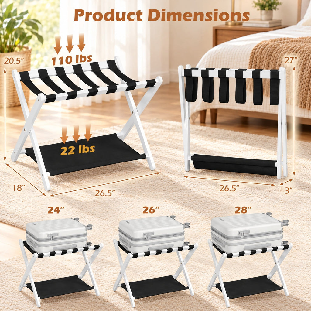 Airfind Solid Rubberwood Folding Luggage Rack with Nylon Shelves, 110 lbs Capacity, Rubberwood Nylon Frame, 26.5 x 18 x 20.5 Footprint, White