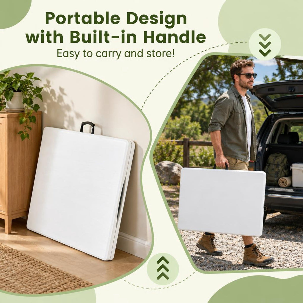 Airfind 5FT Folding Picnic Table with Wood Grain HDPE Tabletop and Non-slip Foot Pads, 400 lbs Capacity, HDPE Metal Frame, White
