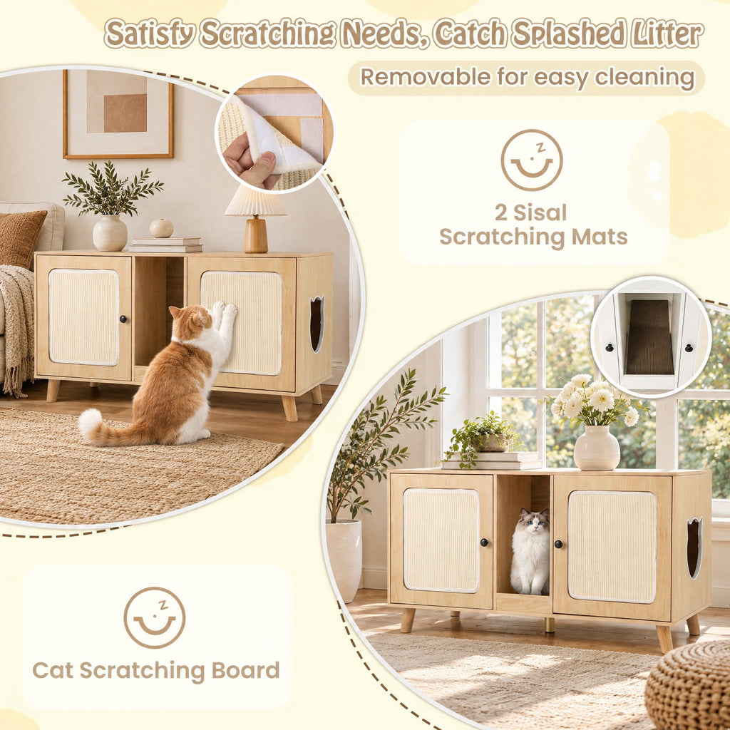 Airfind 43 Inches Cat Litter Box Enclosure with Double Rooms and 2 Sisal Scratching Mats, Engineered Board Frame, 43 x 20 x 24 Footprint, Natural