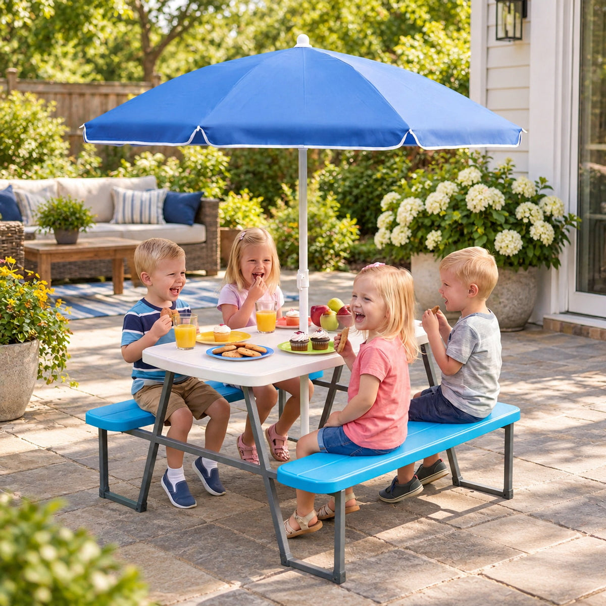 Airfind Kids Picnic Table with Benches Seats up to 4, 660 lbs Capacity, Metal Frame, for 3+ years old, 40 x 39.5 x 59 Tabletop Footprint, Blue