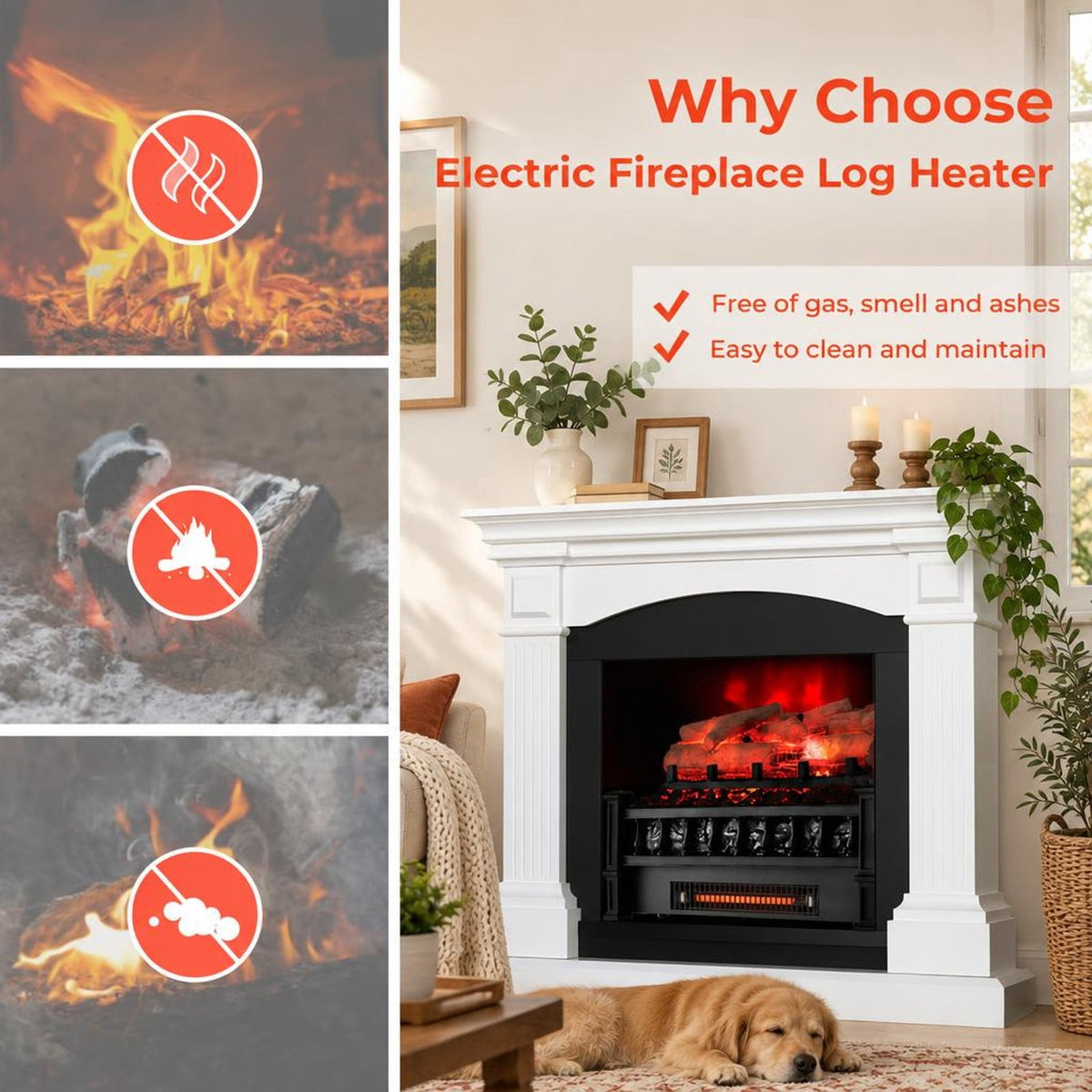 Airfind 20 Inch Electric Fireplace Heater with Realistic Birchwood Ember Bed, Black, Easy to operate with functional control panel