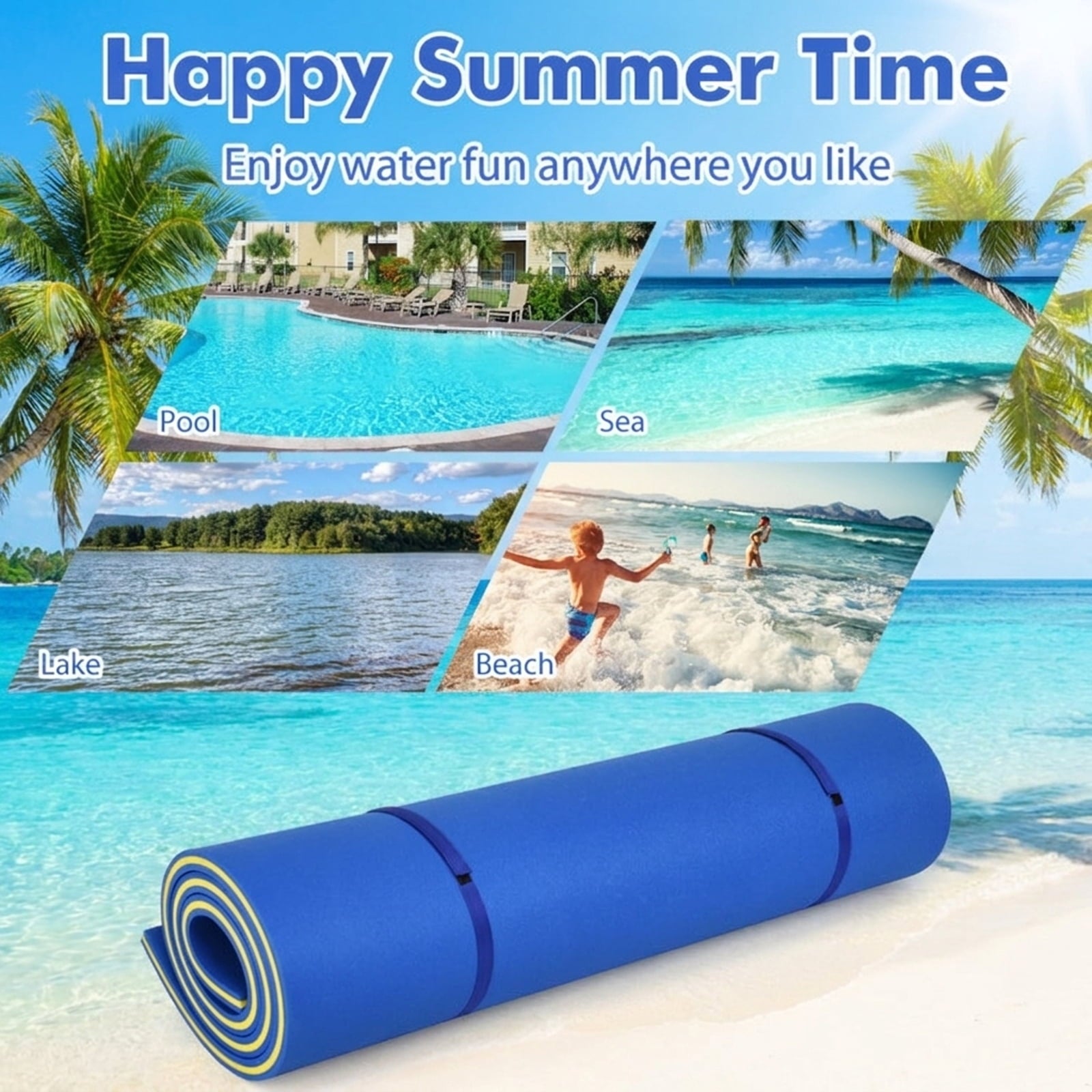 Airfind 9 x 6 Triple-Layer Lake Float Pad with Roll-Up Storage, Blue