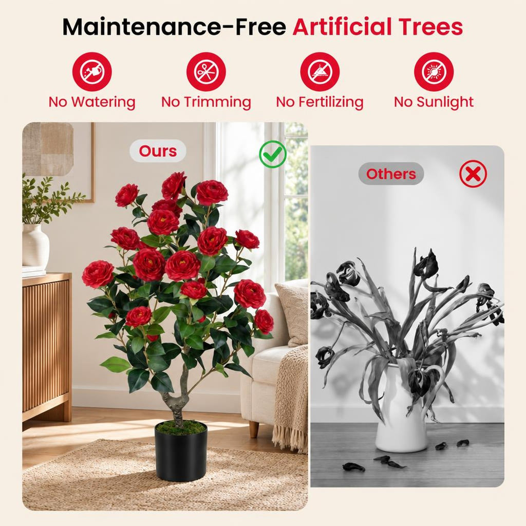 Airfind Artificial Camellia Tree Faux Flower Plant in Cement-Filled Pot=Red, PE PP Cement Overall Height 35.5 Flower Pot Height 5 Flower Pot Frame