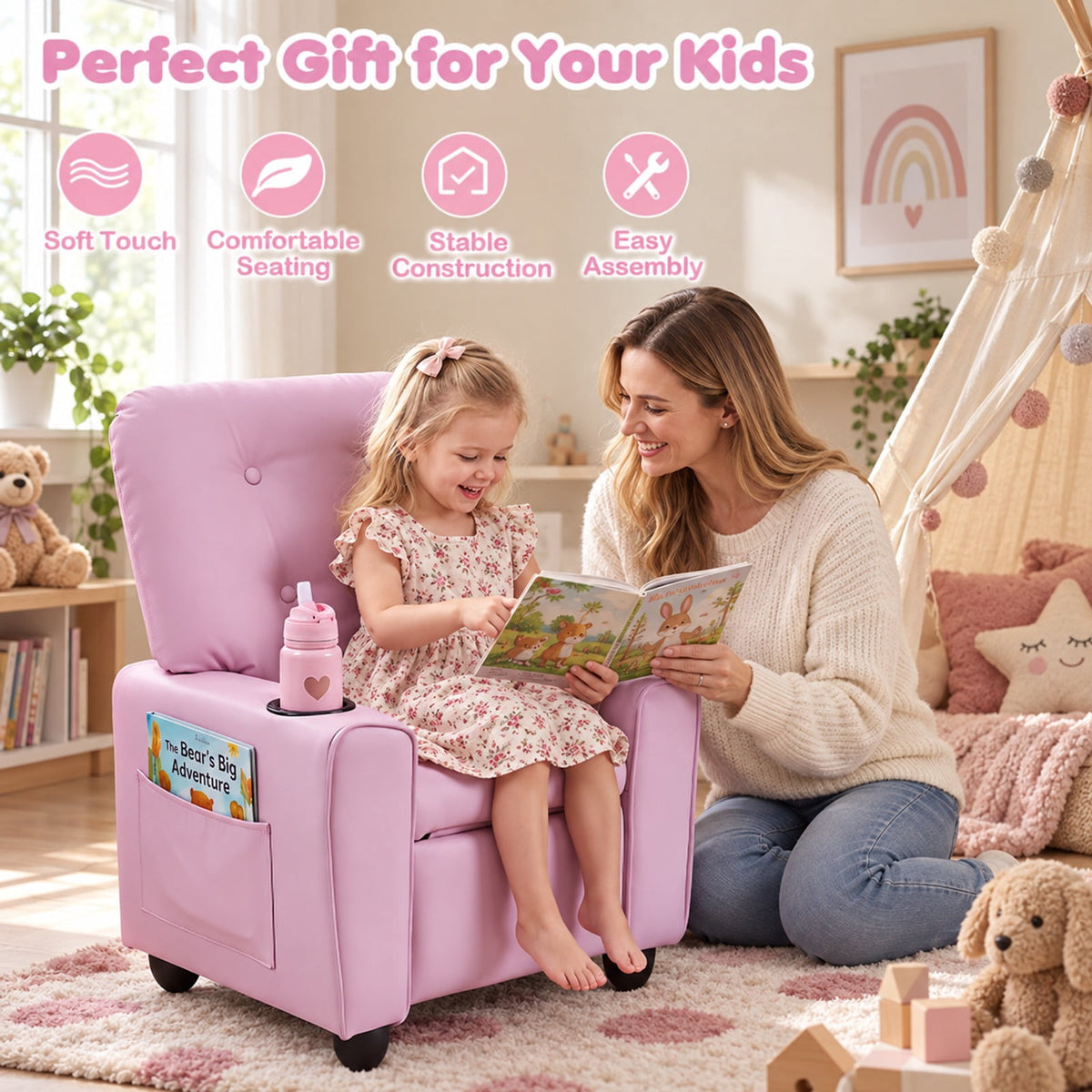 Airfind Youth Recliner Chair with Cup Holder, Side Pocket and Push-back Footrest, PU Upholstery, 24 x 21 x 30 in for Everyday Use, Pink