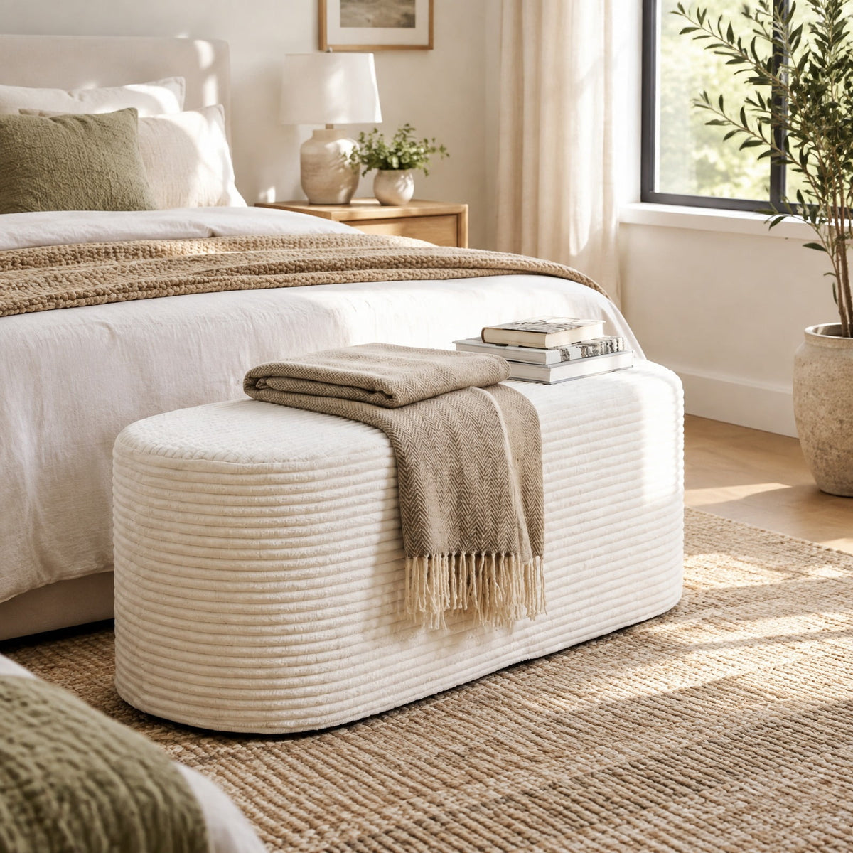 Airfind Upholstered Ottoman Bench with High-Density Sponge, 175 lbs Capacity, Corduroy Polyester Sponge Frame, 47 x 18 x 19 Footprint, Beige