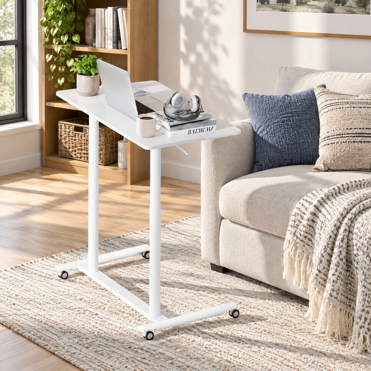 Airfind Height Adjustable Computer Desk Sit to Stand Rolling Table, MDF Frame, 37.5 x 21.5 x 27.5-42 Footprint, White