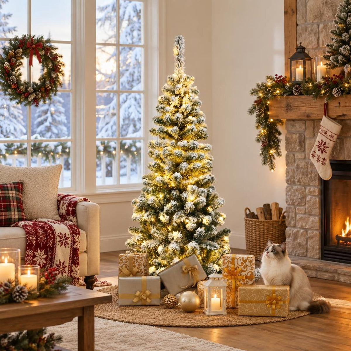 Airfind 4.5 Feet Pre-Lit Snow Flocked Pencil Christmas Tree with 150 LED Light, PVC metal Frame, Net weight 5.5 lbs Height: 4.5 ft Base: