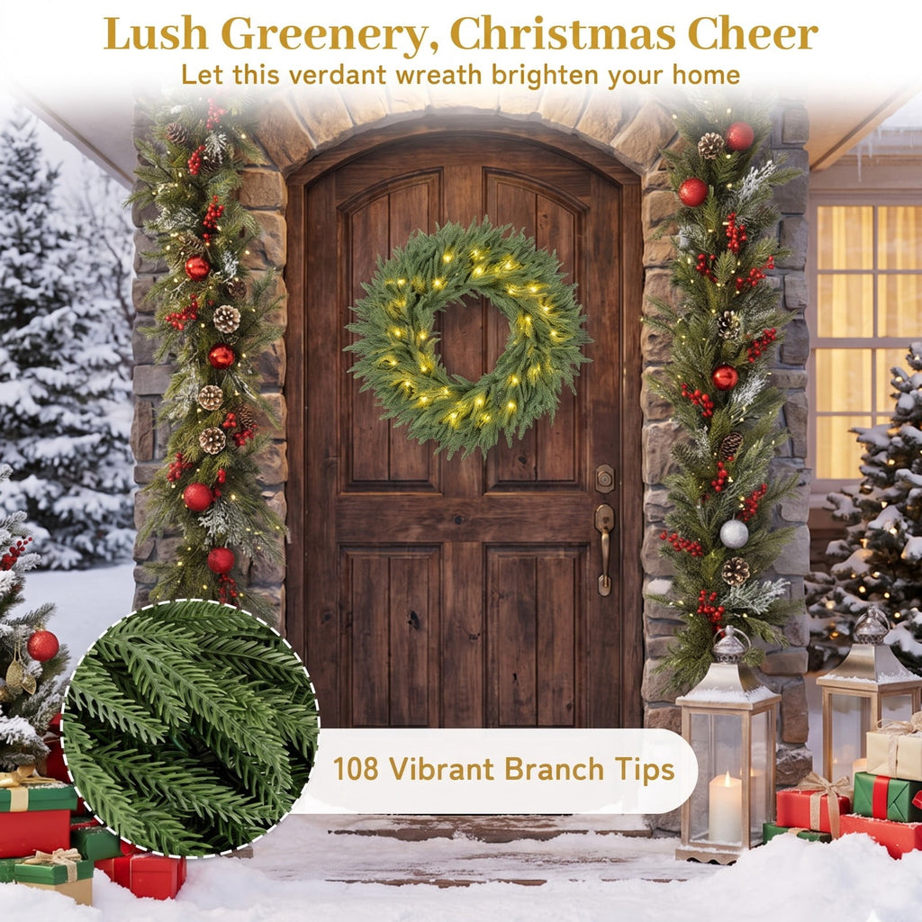 Airfind 24 Inch Pre-lit Christmas Wreath with 108 Branch Tips and 35 Warm White LED Lights for Wall Window-1 piece, TPE Metal Frame, White
