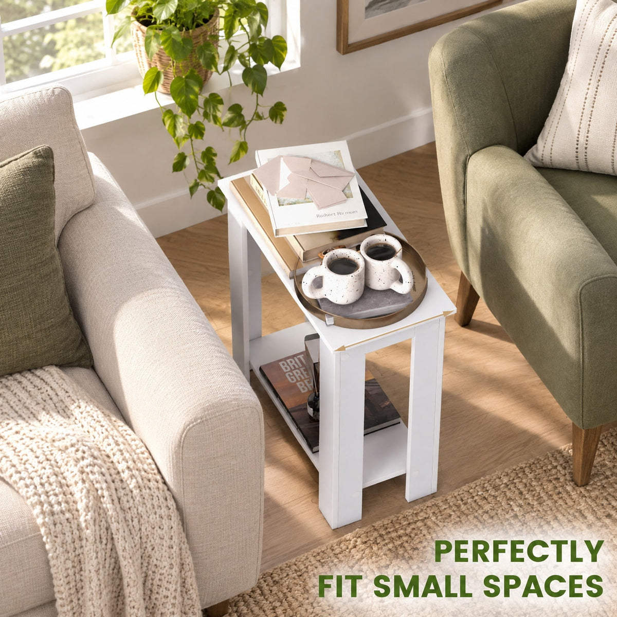 Airfind 2-Tier Modern Compact End Table with Storage Shelf, 110 lbs Capacity, Engineered Wood Frame, 23.5 x 12 x 24 Footprint, White
