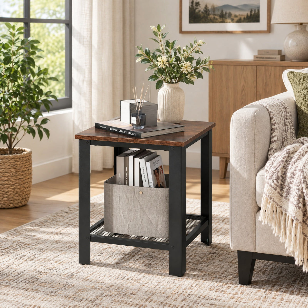 Airfind Industrial End Table 2-Tier Side Table, 55 lbs Capacity, Wood iron, 16 Inch x 16 Inch x 18 Inch (L x W x H) Product weight: 12 lbs, Black