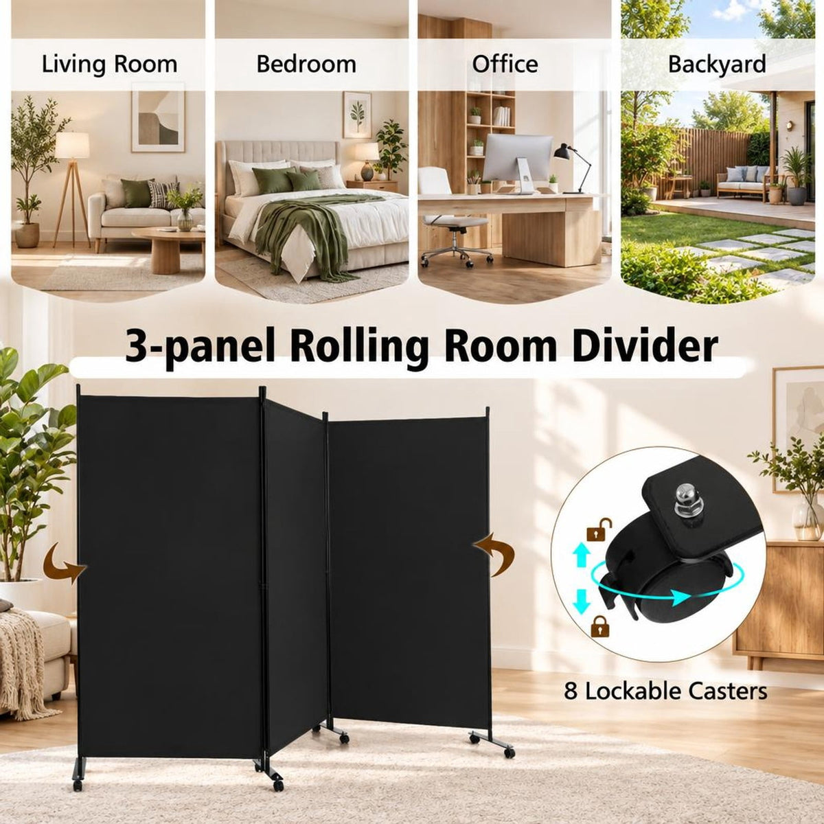 Airfind 3 Panel Folding Room Divider with Lockable Wheels, Metal Polyester Fabric Tiled Frame, 103 x 12 x 71 Footprint, Black