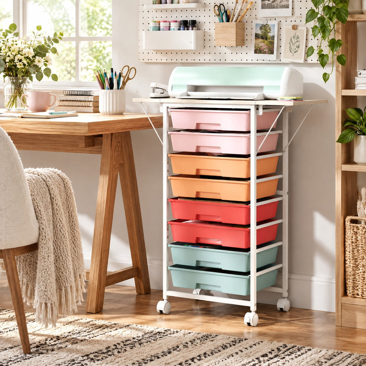 Airfind 8-Drawer Rolling Cart with Wooden Tabletop and Folding Side Panels for Living Room, 33 lbs Capacity, Metal PP Engineered Wood Frame