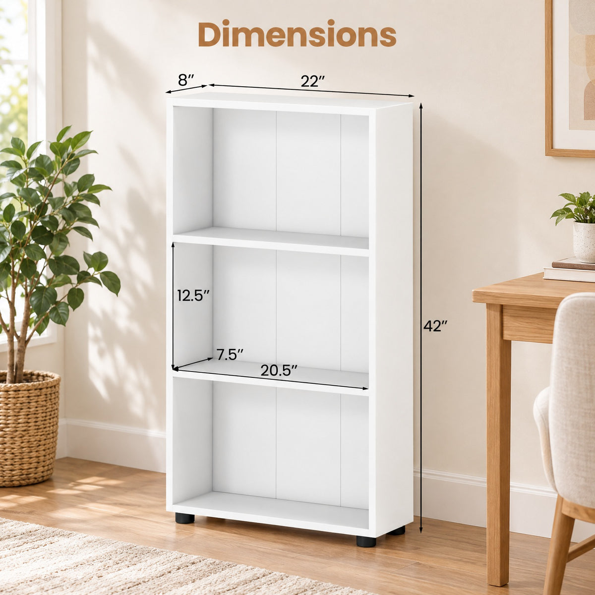 Airfind 3-Tier Bookcase 42 inch Tall Book Shelf with Anti-Tipping Kit, 22 lbs Capacity, Engineered Wood MDF Frame, 22 x 8 x 42 Footprint, White