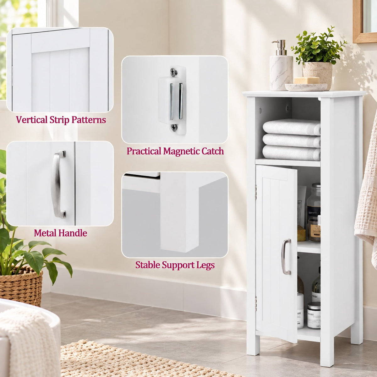 Airfind 1-Door Freestanding Bathroom Cabinet with Open Shelf, 66 lbs Capacity, MDF Frame, 12in x 12in x 31.5in Footprint, White