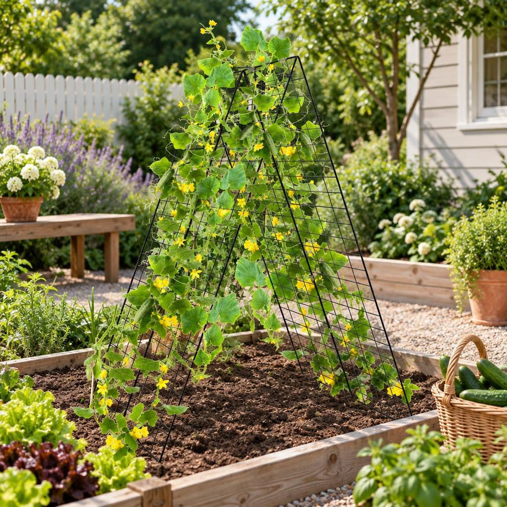 Airfind A-Frame Garden Trellis for Climbing Plant with Ground Stake and Cable Tie, Steel PP Frame, Green