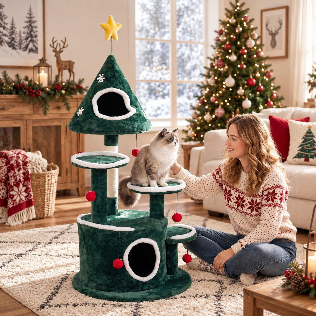 Airfind 50in Christmas Cat Tree with 2 Condos and Sisal Scratching Post, Green, Star-shaped spring toy for extra entertainment