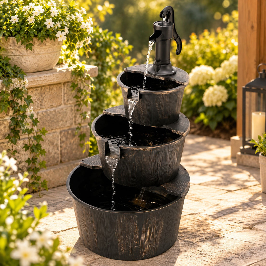 Airfind 3-Tier Outdoor Barrel Waterfall Fountain with Electric Pump, PP Metal Frame, 24 x 21 x 37 Footprint, Bronze Black
