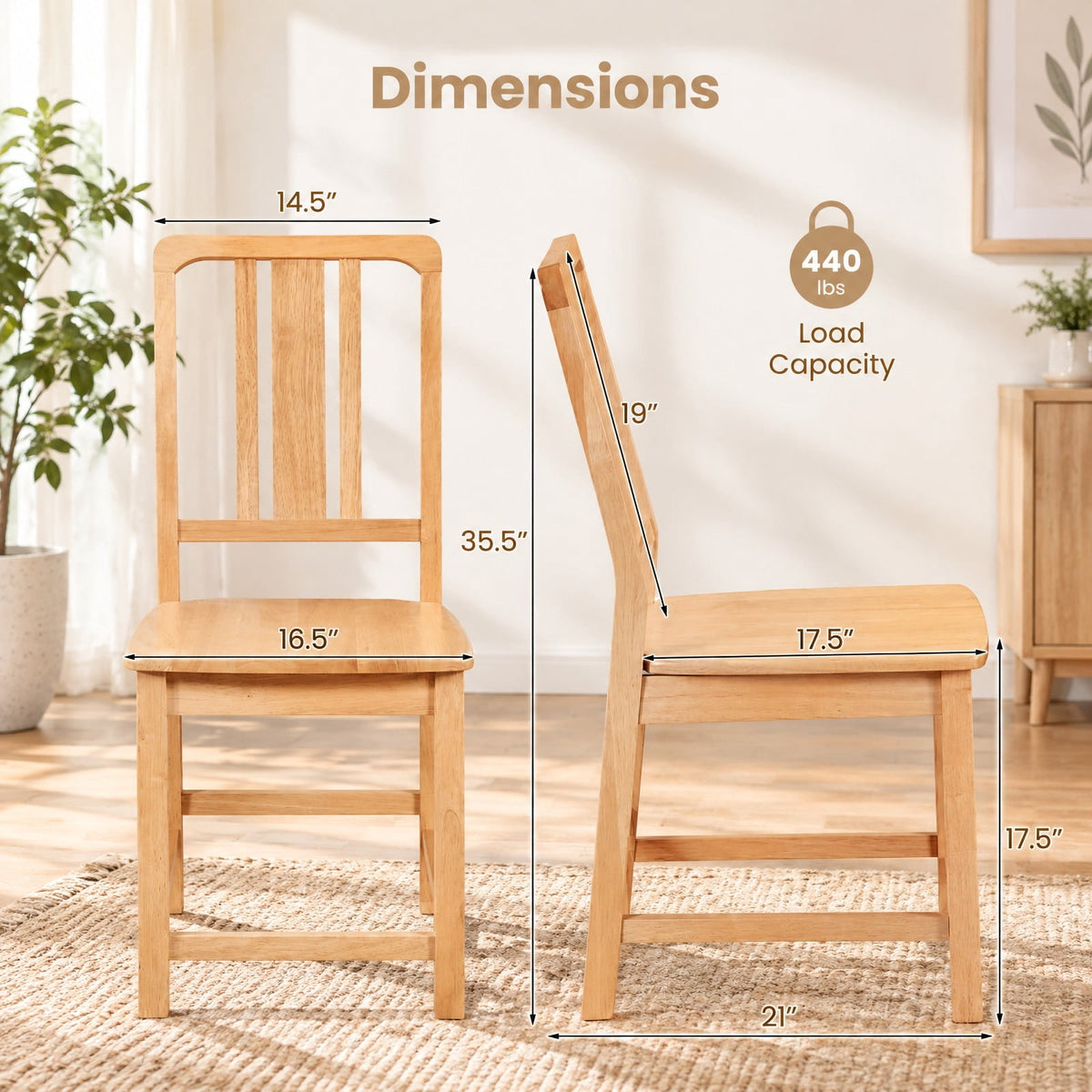 Airfind Rubber Wood Dining Chairs Set of 2 with Hollowed Backrest, Capacity 440 lbs Capacity, Rubber Wood Frame, 21 x 16.5 x 35.5 Footprint