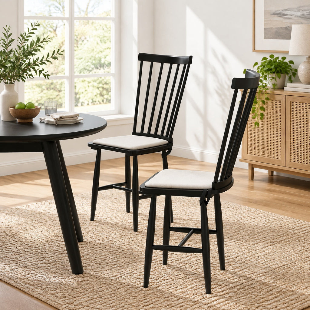 Airfind Dining Chairs Set of 2 Farmhouse Solid Rubber Wood Windsor Chairs with Removable Seat Cushions, 420 lbs Capacity, Black