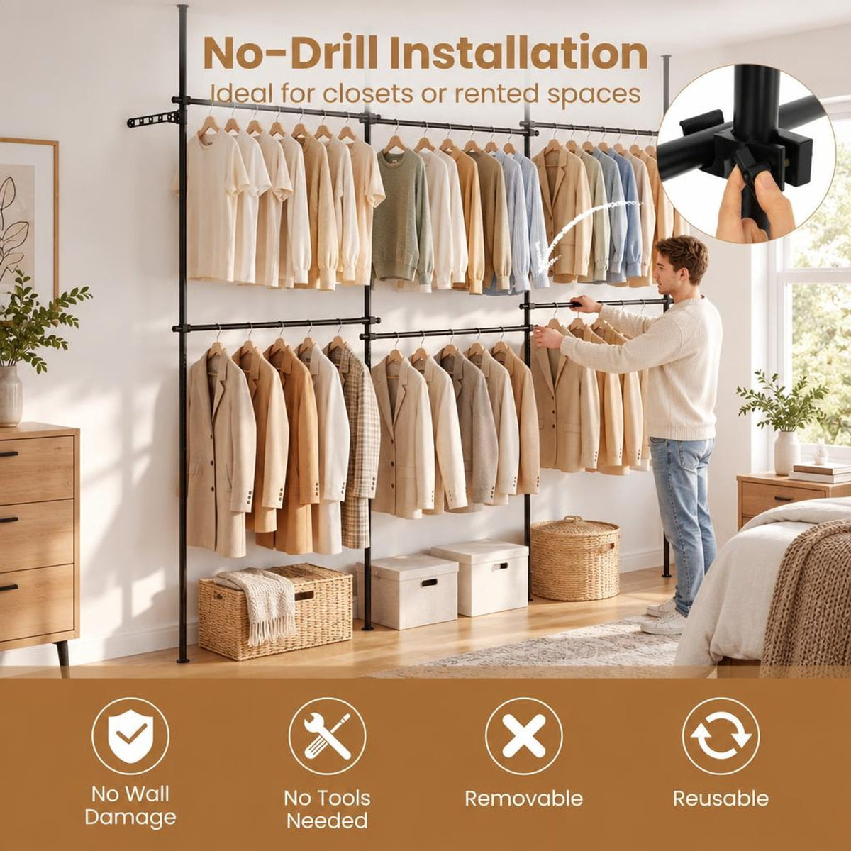 Airfind Adjustable Floor to Ceiling Clothes Rack with 6 Hanging Rods, Metal ABS Overall Frame, Black
