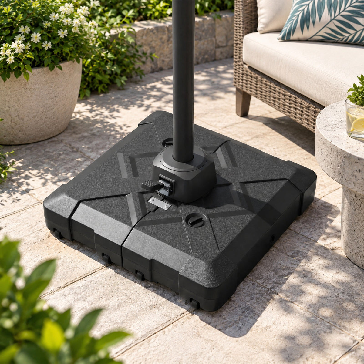 Airfind 34 Inch x 34 Inch Cantilever Patio Umbrella Base with 4 Wheels, HDPE Metal Frame, 34 Inch x 34 Inch x 8 Inch Crossed Base Footprint, Black