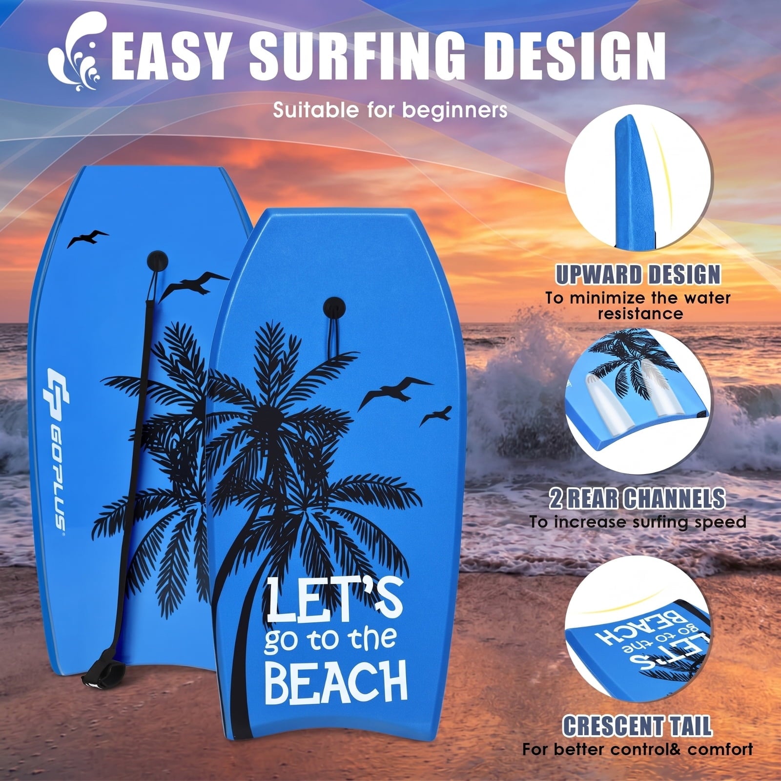 Airfind 33 Inch Ultra-Light IXPE Bodyboard for Kids ¡ª Cool-Touch Deck, EPS Core, HDPE Slick Bottom, Crescent Tail, Coiled Wrist Leash (Blue)
