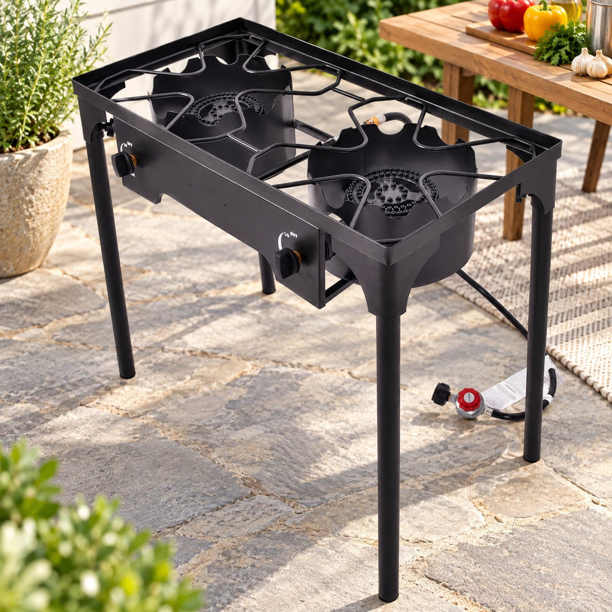 Airfind 150000 BTU Double Burner Outdoor Stove BBQ Grill, Cast iron Frame, 150 000 BTU of cooking power, Fully adjustable heat dial per burner