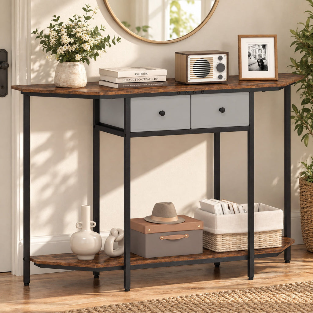 Airfind Console Table with 2 Drawers and Open Storage Shelf, 110 lbs Capacity, Engineered Wood Metal Non-Woven Fabric Frame, Brown
