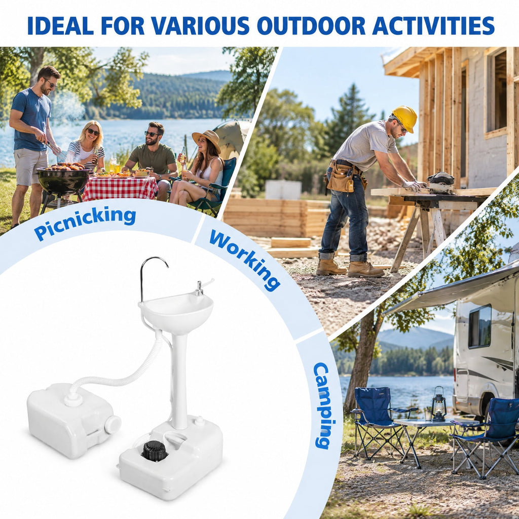 Airfind Camping Hand Wash Station Basin Stand with 4.5 Gallon Tank, HDPE metal Hand sink Frame, 19.5 x 13.5 x 40 ( L x W x H ) Sewage Footprint