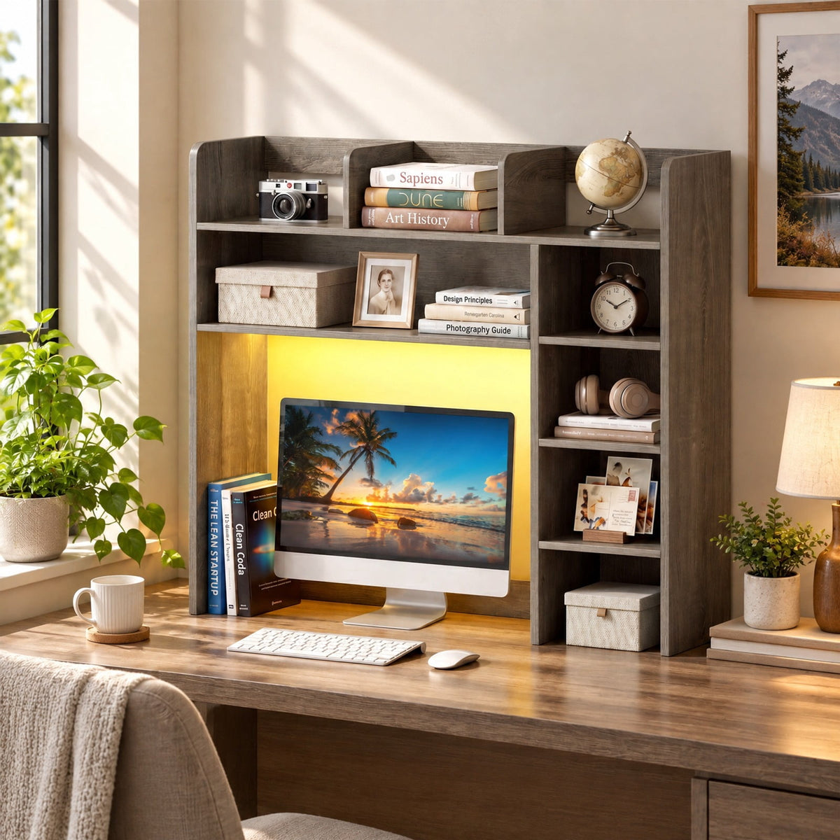 Airfind Desktop Bookshelf with LED Lights 35.5 inch Desk Hutch Storage Organizer, of Top Shelf 100 lbs Capacity, Engineered Wood Frame, Oak