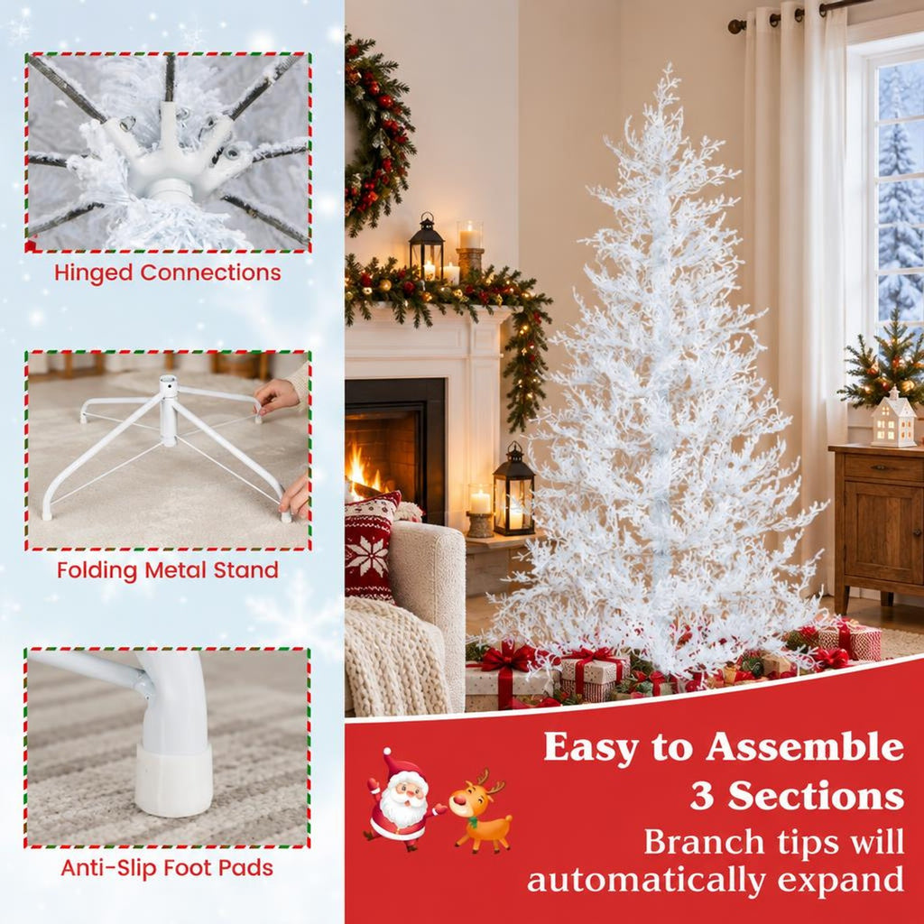 Airfind 6 Feet Artificial Xmas Tree with 383 PE Branch Tips and 300 LED Lights, PE flocking metal Tree height 6 ft Tree width 3.3 ft Frame, White